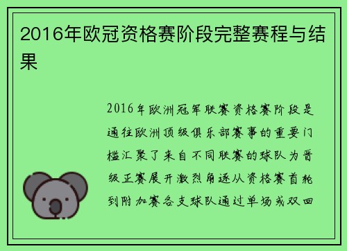 2016年欧冠资格赛阶段完整赛程与结果