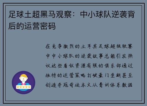 足球土超黑马观察：中小球队逆袭背后的运营密码